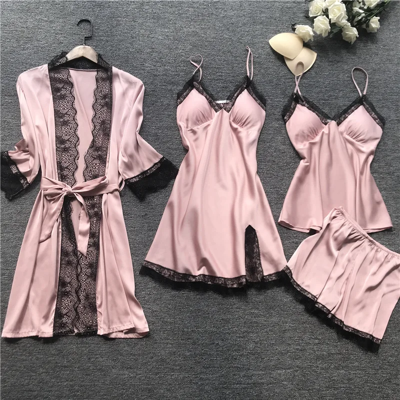2019 Women Pajamas Sets Satin Sleepwear Silk 4 Pieces Nightwear Pyjama Spaghetti Strap Lace Sleep Lounge Pijama With Chest Pads | Женская