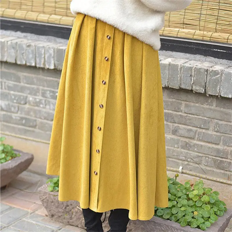 

Qiuxuan Faux Suede Women Long Skirt 2019 Autumn Winter Fashion Button Elastic High Waist A-Line Midi Skirt Casual Girls Skirts