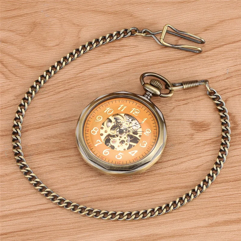 Steampunk Mechanical Pocket Watch Analog Handwinding Skeleton Clock for Men Women Pendant Chain Watches Open Face Arabic Number