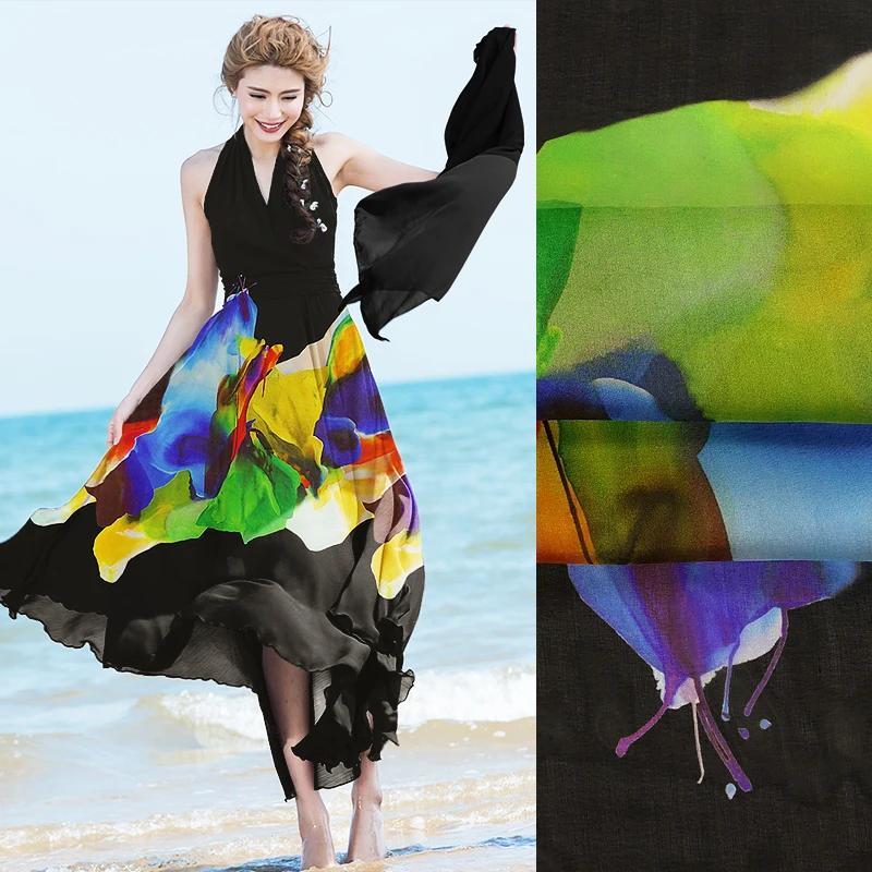 

SASKIA 128*135CM One Positioning Printing 100%Pure Natural Mulberry Silk Chiffon Digital Flower Fabric Material Sew Dress 8MM