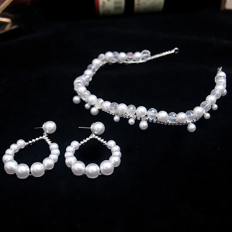 

Bride Crown Pearl Crystal Hair Band Headdress Earrings Set Headband Hair Accessories Wedding Dress Wedding Accessories