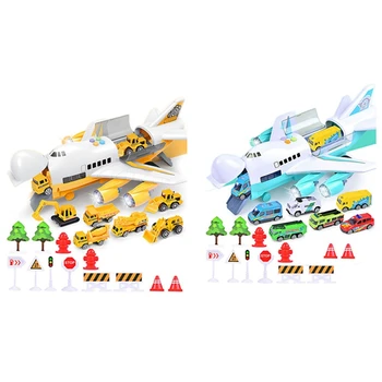 

2Pcs Music Story Simulation Track Inertia Children'S Toy Aircraft Storage Passenger Plane Toy Car - Green & Yellow
