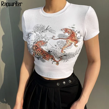 

Rapwriter Casual Ribbed Tiger Printed Crop White T-Shirt Girl 2020 Summer Women Streetwear Short Sleeve Stretch Tee Top femme