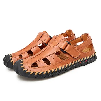 

COWCOM 2020 Summer Men's Leather Sandals Breathable Outdoor Leisure Baotou Roman Shoes Anti Slip Hollow Beach Shoes WJD