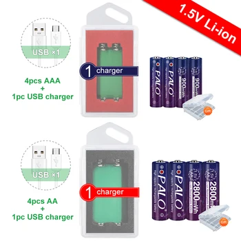 

PALO 4pcs 2800mWh AA li ion 1.5V rechargeable battery + 4pcs 1.5v AAA 900mWh lithium rechargeable battery with 1.5v usb charger