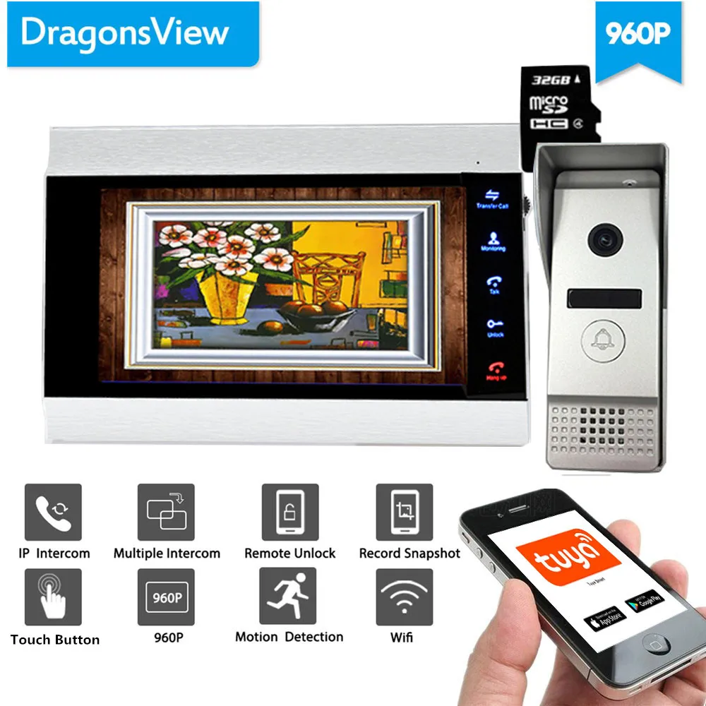 Dragonsview 7 Inch 960P HD Wifi Wired Video Intercom System Wireless Wide Angle Motion Detection Recording Unlock Talking