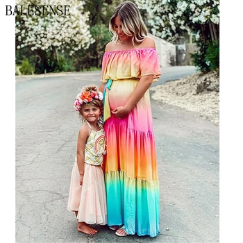 

Shoulderless Maternity Ruffles Tie Dye Long Maxi Dresses Baby Shower Pregnant Women Clothes Elegant Loose Pregnancy Dress 2020