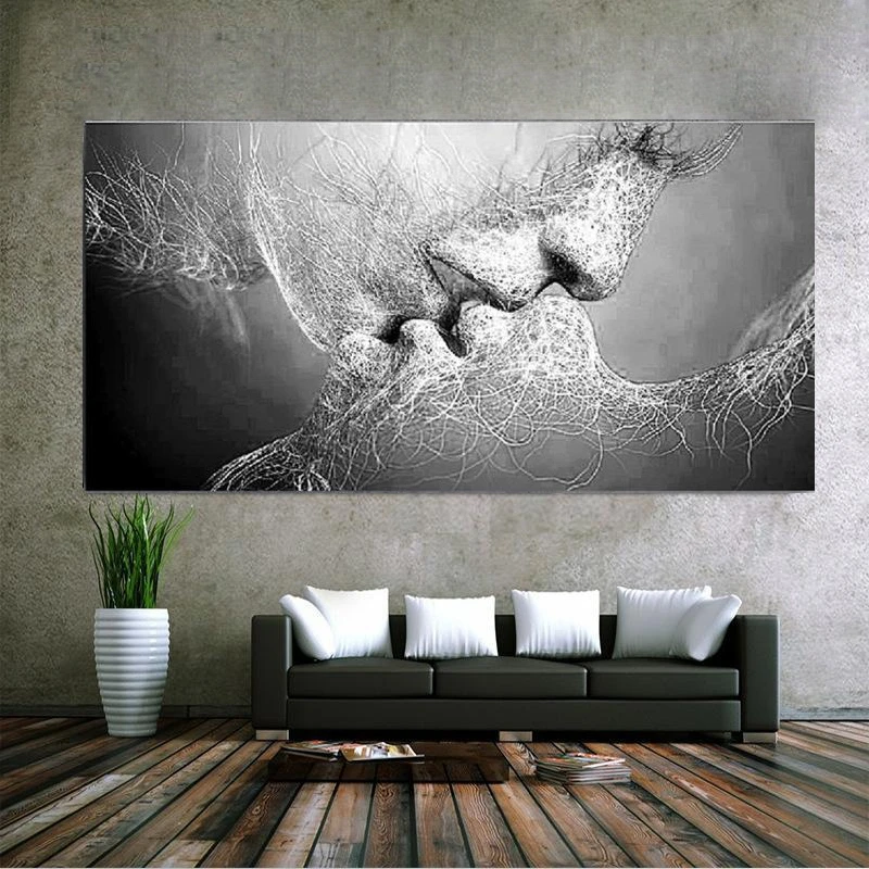 

New Fashion Black & White Love Kiss Abstract Art on Canvas Painting Wall Art Picture Print Home Decor (Without Frame)