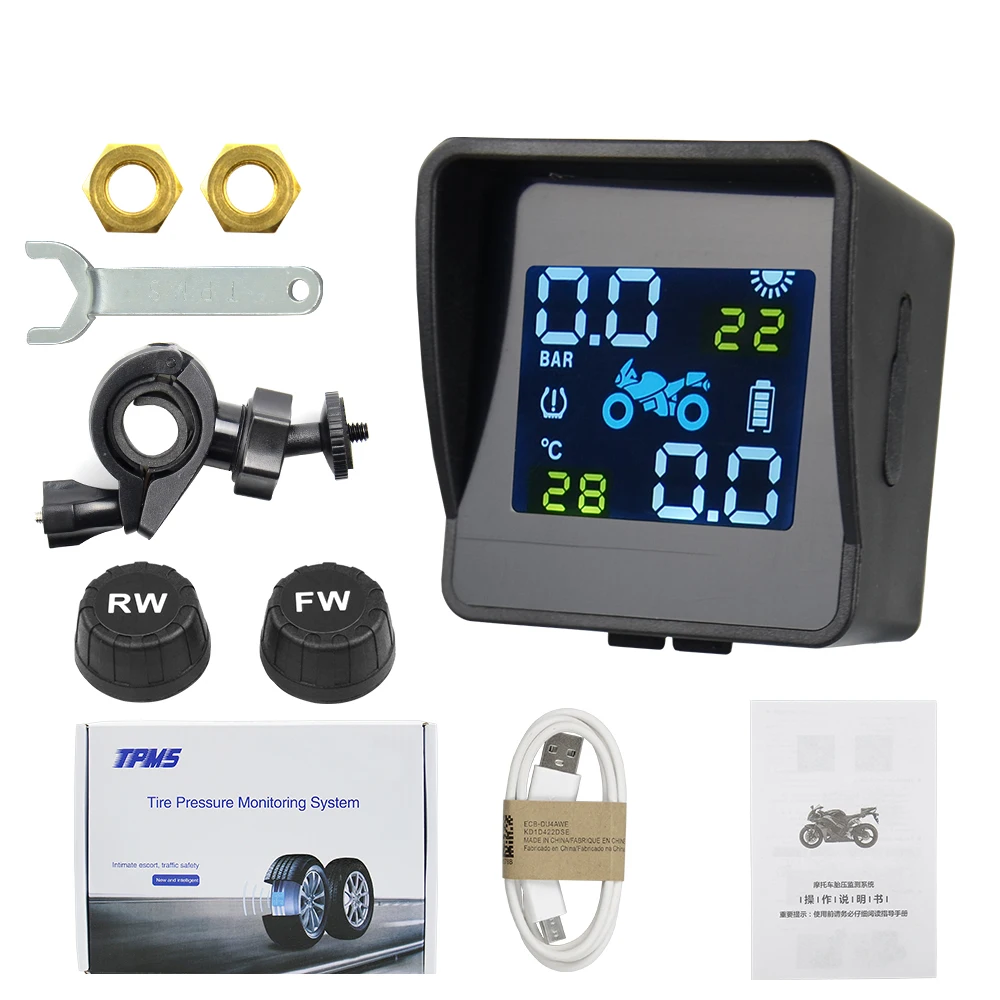 The New USB Solar Charging Motorcycle TPMS Motor Tire Pressure Tyre Temperature Monitoring Alarm System with 2 External Sensors