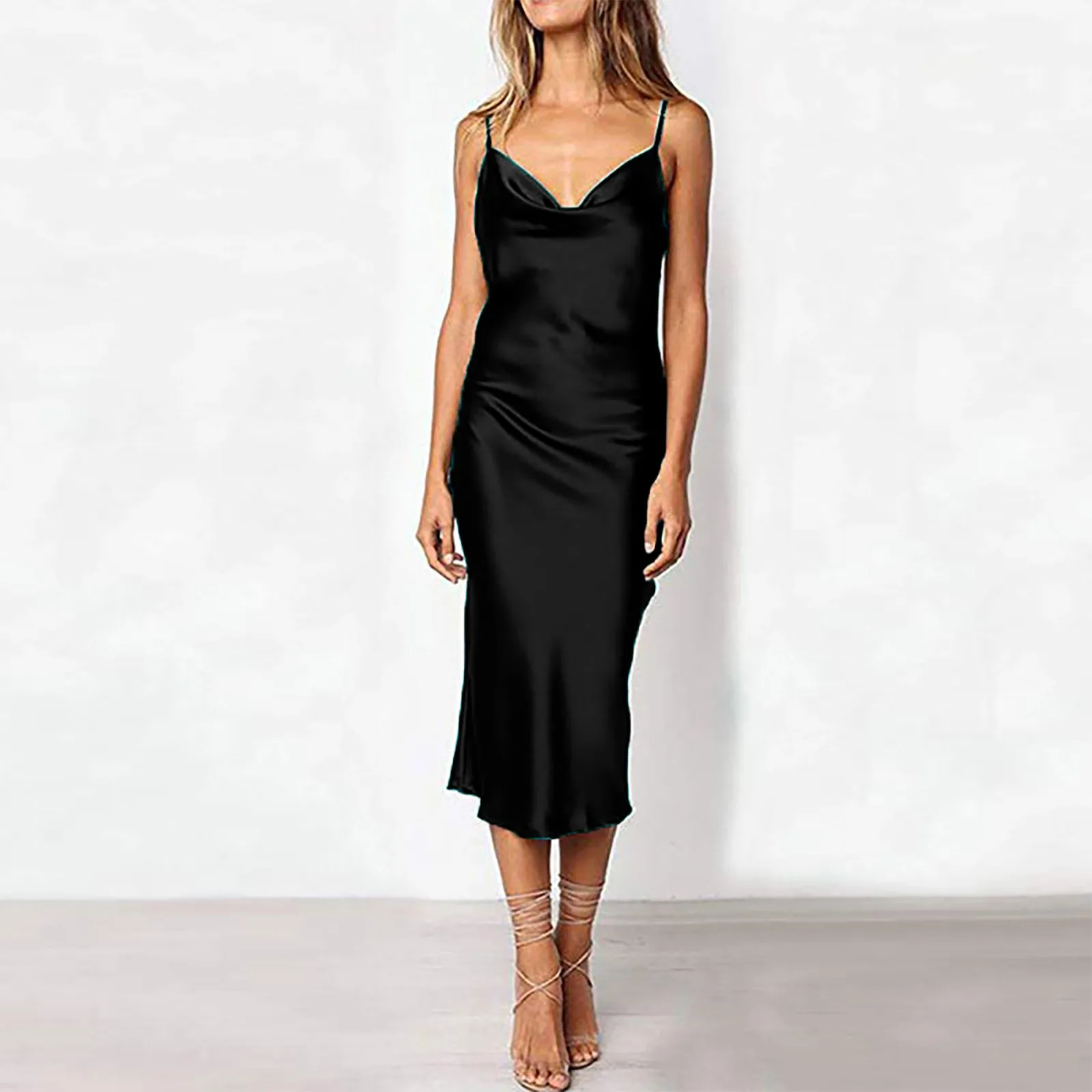 New Sexy Solid Color Dresses For Women Simulation Silk Slim Dress V-neck Banquet Halter Long Camisole Dress Party Vestido Mujer 2
