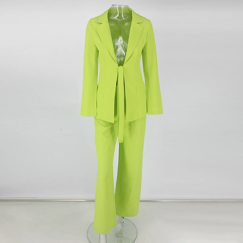 Feditch новые весенние Женский комплект 2 шт. сексуальные одноцветные повседневные зеленые костюмы с длинным рукавом из двух частей комплект пальто и брюки Клубная одежда