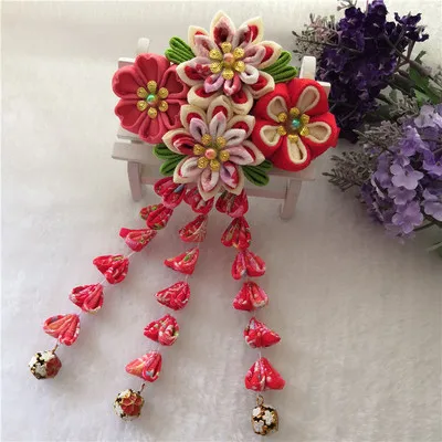 Cream red Новинка, красивые, изготовленные на заказ, ручная работа, японское кимоно, Сакура, головной убор для девочек, женские заколки для волос, Цветочные заколки для волос с длинной осенью - Цвет: Cream red