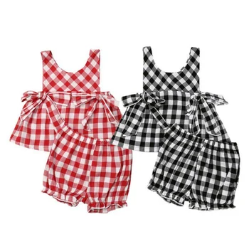 激安 夏の幼児女の子かわいいノースリーブチェック柄トップとパンツキット子供ツーピースベビー服セット夏の子供服