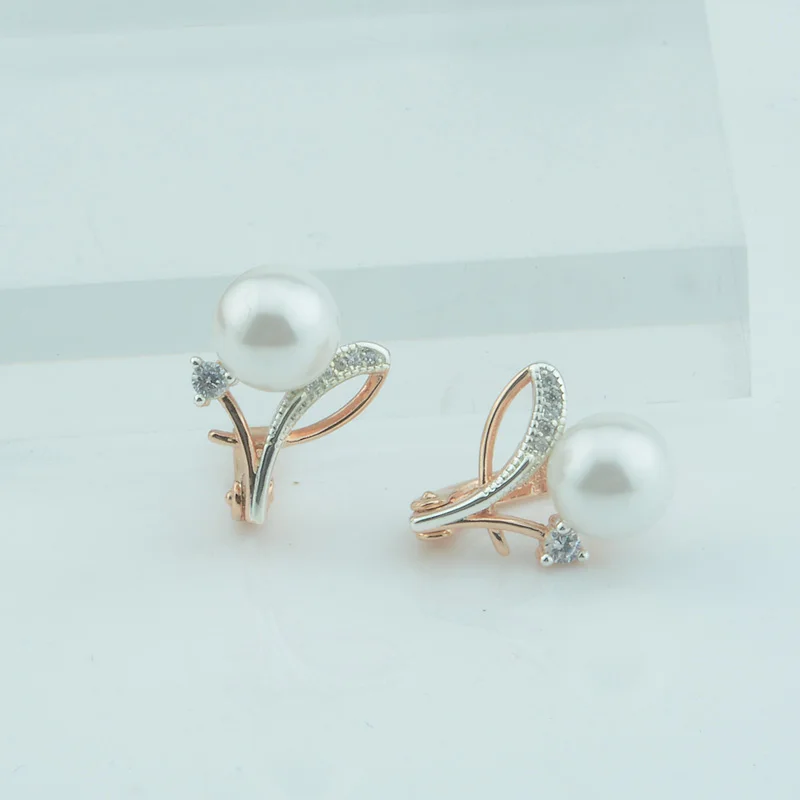 

2 Style Women Girls 585 White Crystal Rose Gold Color Simulated Round Pearl Dangle Earrings