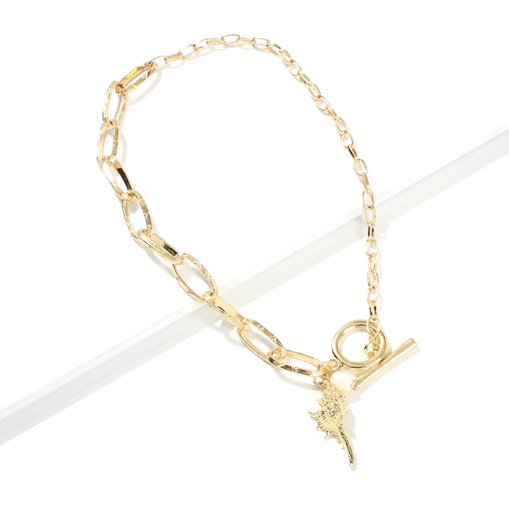

2n6942 mei di Europe And America New Style Non-symmetrical Chain Alloy Necklace New Style Imitation Pearl Conch Shell Necklace