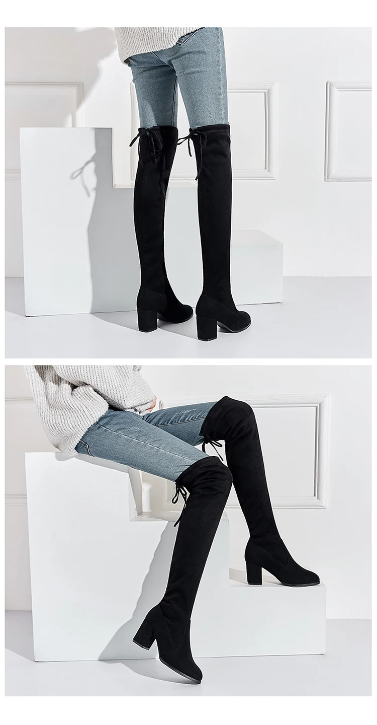 Пикантные облегающие эластичные ботфорты из флока; женская обувь; коллекция года; сезон осень-зима; женские высокие сапоги до бедра на высоком каблуке; botas