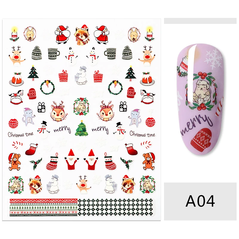 1PC Christmas 3D Nail Art Stickers Decal Slider Santa Claus Snowman Decoration Manicure Nail Wraps Women DIY Nail Art Sticker - Цвет: HHS08246