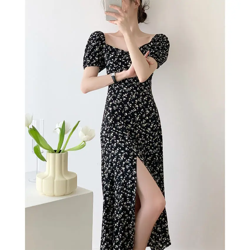 Black Dress Women Backless Retro Side-Split New Puff Sleeve Party Temperament Simple Comfort Female Maxi Clothes Chic Vestido macys dresses Dresses