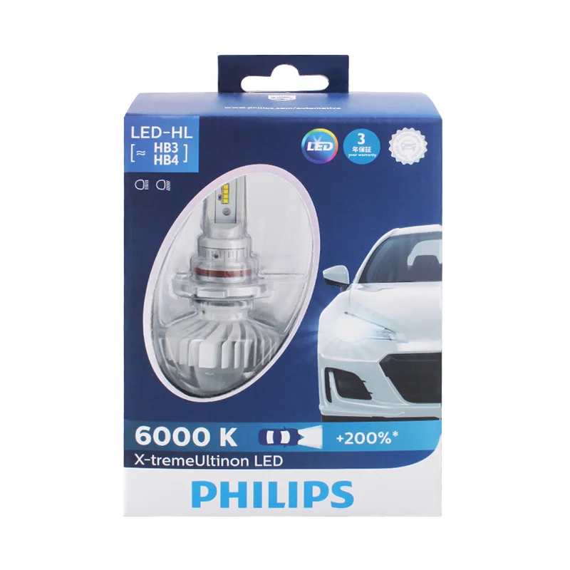 Philips светодиодный H4 H7 H8 H11 H16 9005 9006 X-treme Ultinon светодиодный автомобильный фонарь Противотуманные фары 6000K холодный белый+ 200% более яркие лампы, пара
