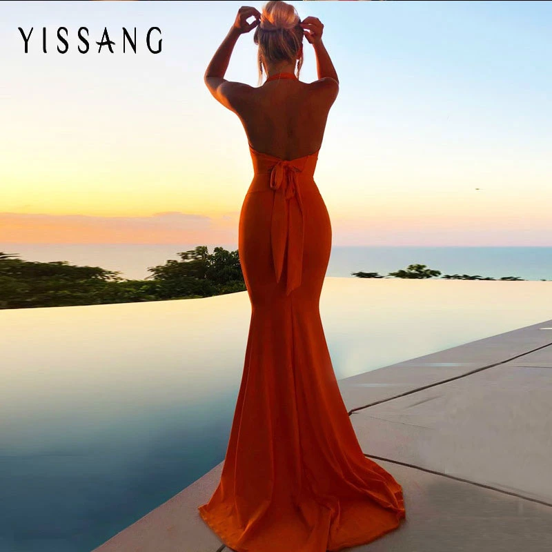 

Yissang 2019 Halter Backless Sexy Dress Women Evening Party Dresses Deep V Neck Maxi Dress Long Autumn Winter Club Vestidos