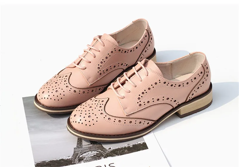 British Genuine Leather Female Oxford Shoes College Spring New Thick Heel 3cm Women Brogues Retro Carved Single Shoes Large Size (22)