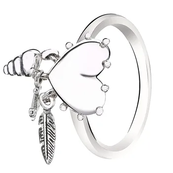 

Authentic 925 Sterling Silver Ring Spiritual Symbols Shell And Feather Rings For Women Wedding Party Gift Fine Diy Jewelry