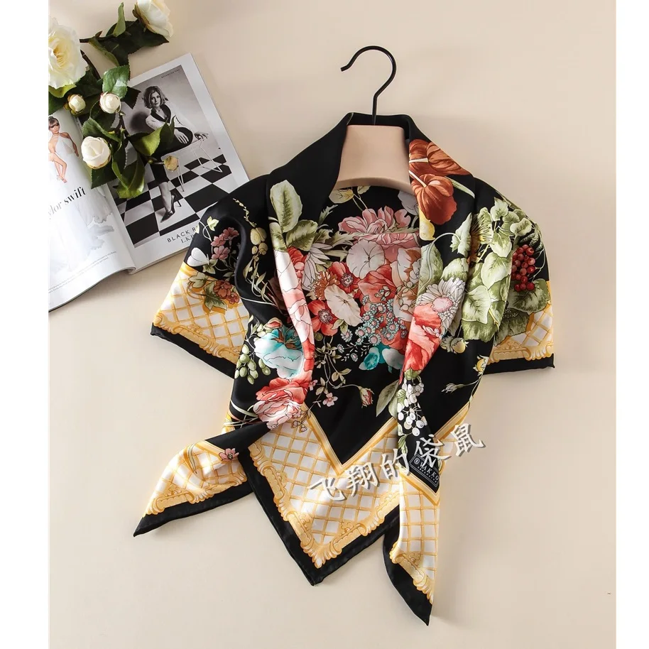 Сказочный цветочный шелковый шарф головные шарфы для женщин элегантные шарфы 100*100 см - Цвет: Black
