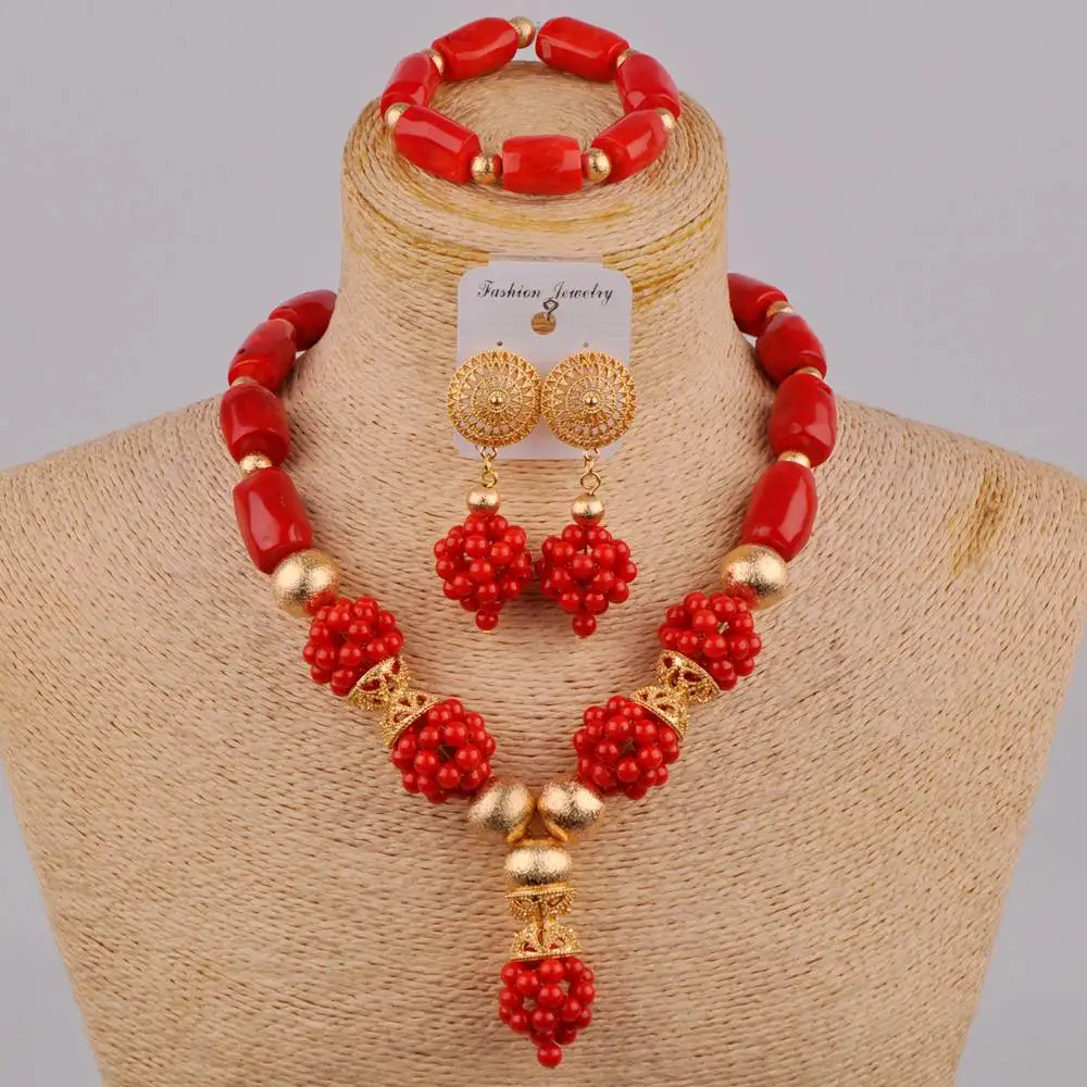 aczuv African Wedding Coral Beads Jewelry Set Nigerian Necklace Bracelet Earrings Bridal Jewelry Sets 