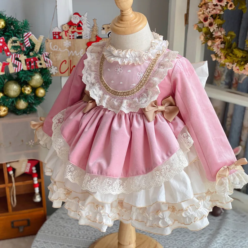 

Baby Children Vintage Spanish Clothes Girl Autumn Winter Pink Velvet Pompom Ball Princess Lolita Dress Party Birthday