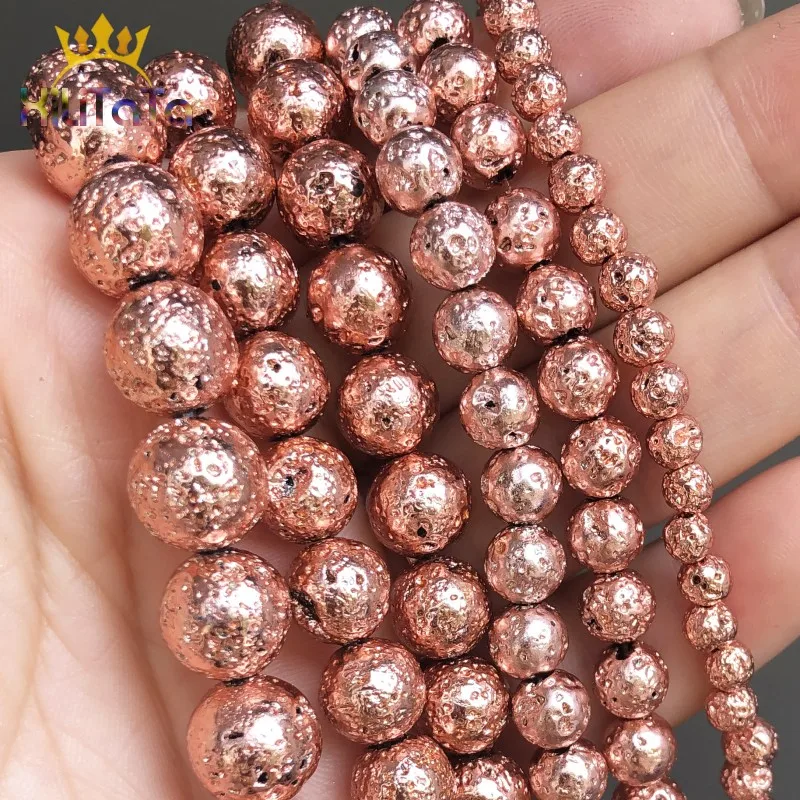 Natural Stone Beads Rose Gold Plating Rock Volcanic Lava Round Beads For Jewelry Making DIY Bracelet Accessories 15'' 4/6/8/10mm