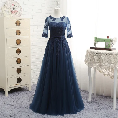 navy long MNZ~ M808# круглый рукав вышивка кружево Весна Новые вечерние платье средней длины короткий стиль розовое платье подружки невесты - Цвет: navy long