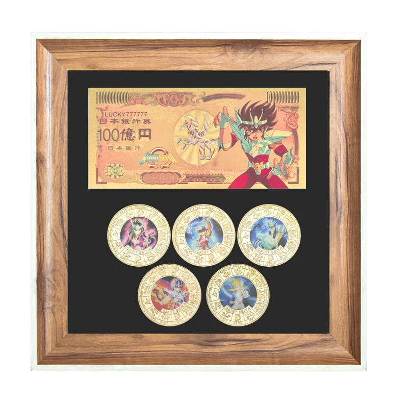 5PCS Gold Coins Set Banknote with Wood Frame Case Japanese Challenge Coins Dragon Ball Anime Coins Collectibles Giift for Men