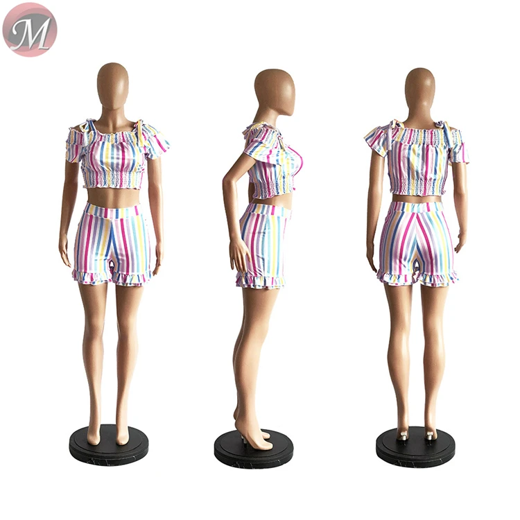 9060630 queenmoen summer women clothing wholesale rainbow strip ruched two piece shorts suit