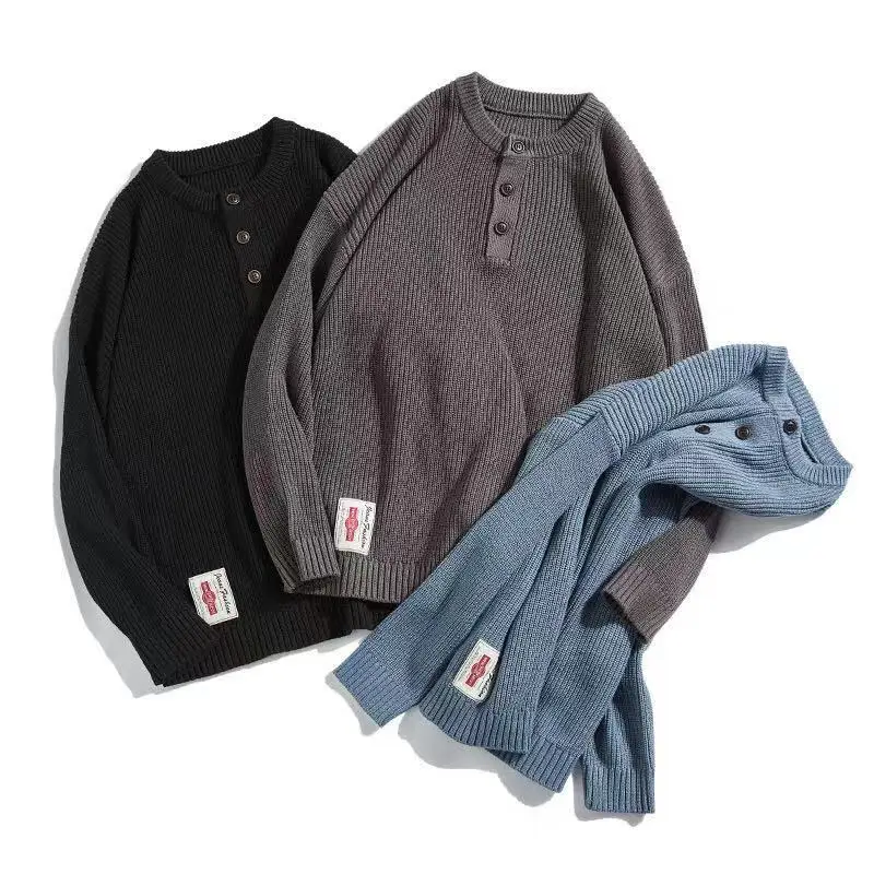 YUECHE Autumn And Winter Men's New Solid Color Retro Hooded Half Sweater Button Decoration Youth Popular Cotton YUECHE Autumn And Winter Men's New Solid Color Retro Hooded Half Sweater Button Decoration Youth Popular Cotton