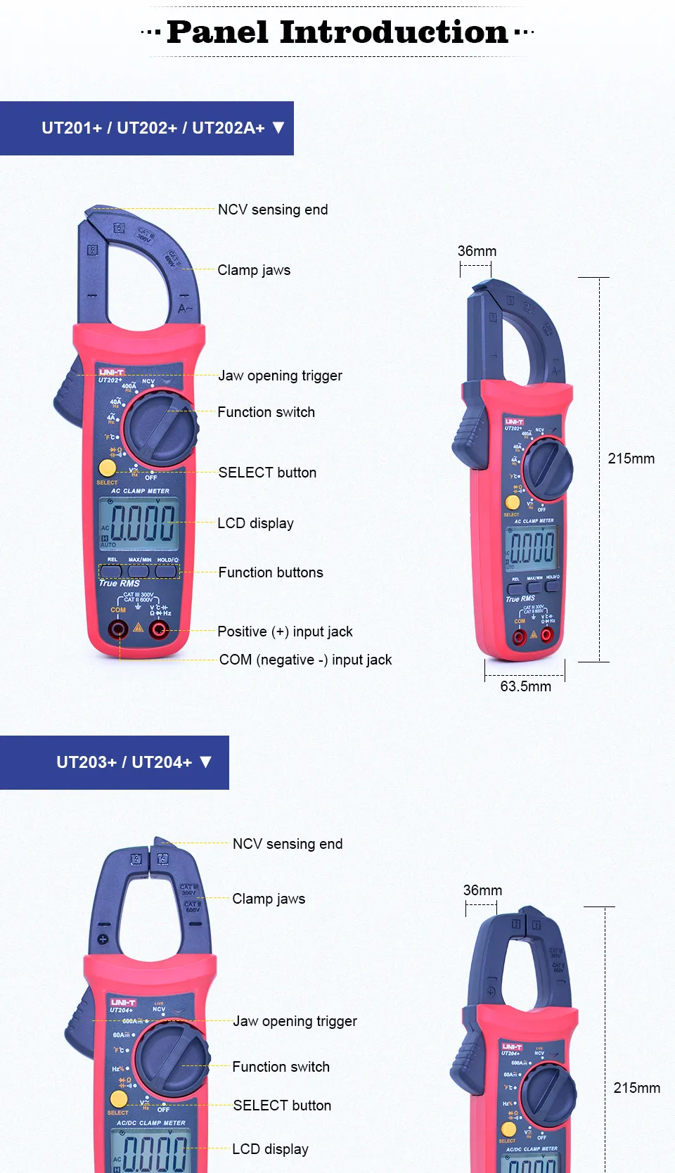 UNI-T True RMS Digital Clamp meter UT201+/UT202+/UT203+/UT204+ 400-600A Auto range multimeter NCV false detection protection