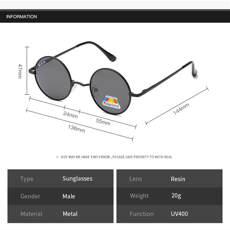 Round Sunglasses Fashion Oval Polarized Circular glasses Men Brand Designer Male Sun Glasses Black Frame UV400 Perform