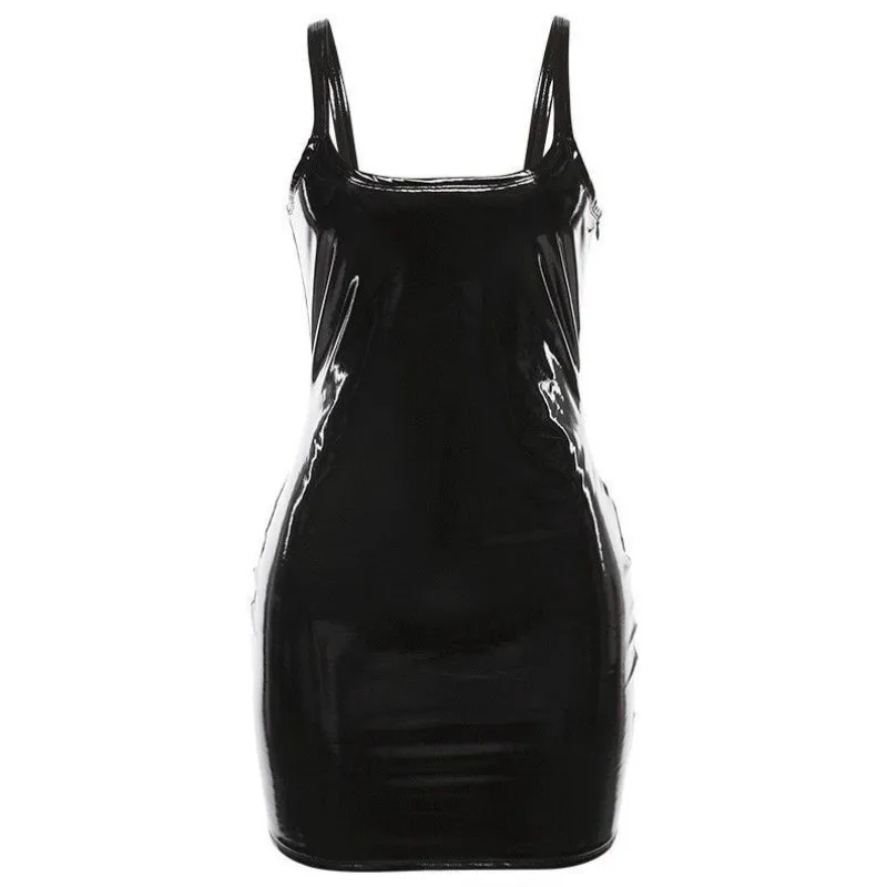 Black O-neck Женское латексная искусственная кожа облегающее мини платье осень без рукавов на бретелях сексуальное Клубное платье vestido - Цвет: Black O-neck