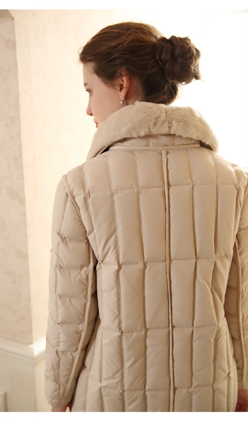 

90% Duck Down Jacket Female European Fashion Elegant Slim Long Overcoat Rex rabbit Fur Collar Warm Parkas LX2258