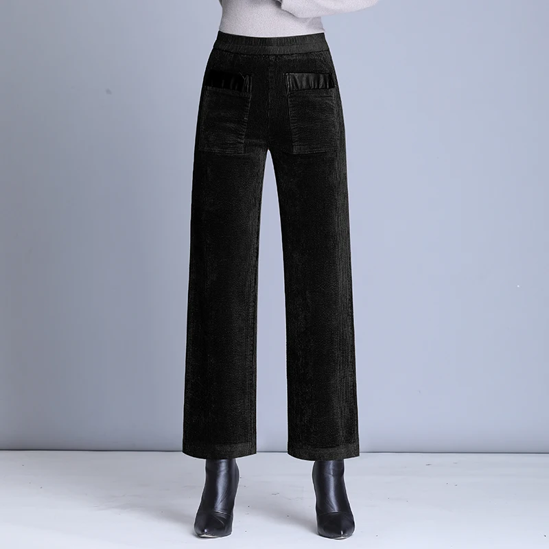 3XL 4XL Высокая талия плюс размер вельветовые брюки для женщин весна осень женские Лоскутные свободные прямые брюки женские хаки