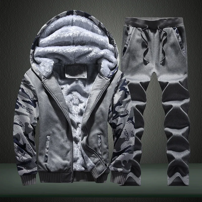 ECN мужские теплые толстовки осень зима внутренняя флисовая мужская куртка с капюшоном мягкий Повседневный утепленный спортивный костюм 2 шт куртка+ брюки - Цвет: Dark Grey D62