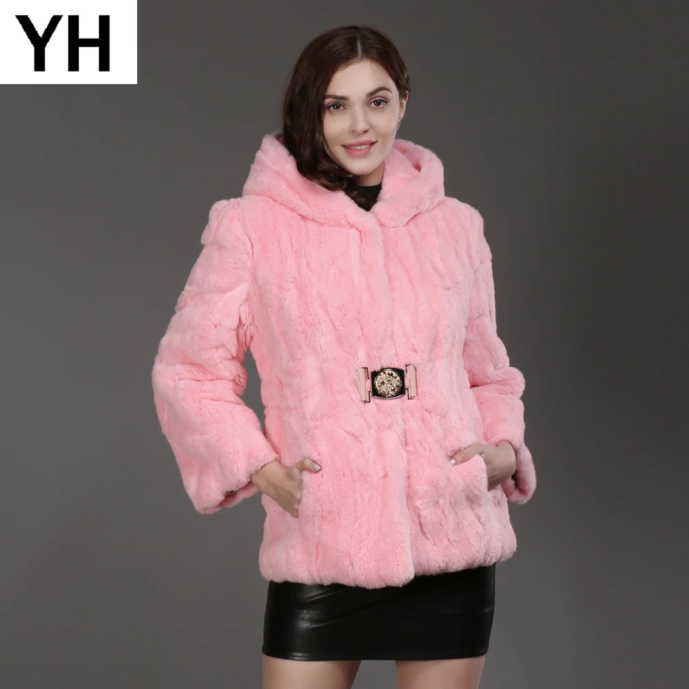 

Hot Sale Women Genuine Rex Rabbit Fur Coat Winter Warm Real Rex Rabbit Fur Hooded Jacket 100% Natural Rex Rabbit Fur Outerwear