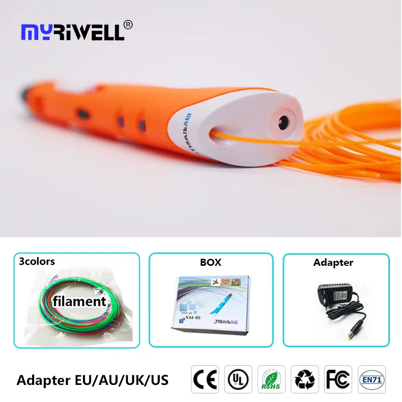 Myriwell, 3D Ручка, 3d ручка, RP-100A, pla, 1,75 мм, abs нить, 3d печать, ручка, 3 d ручка, инструмент для рисования, для детей, подарок на день рождения - Цвет: only orange