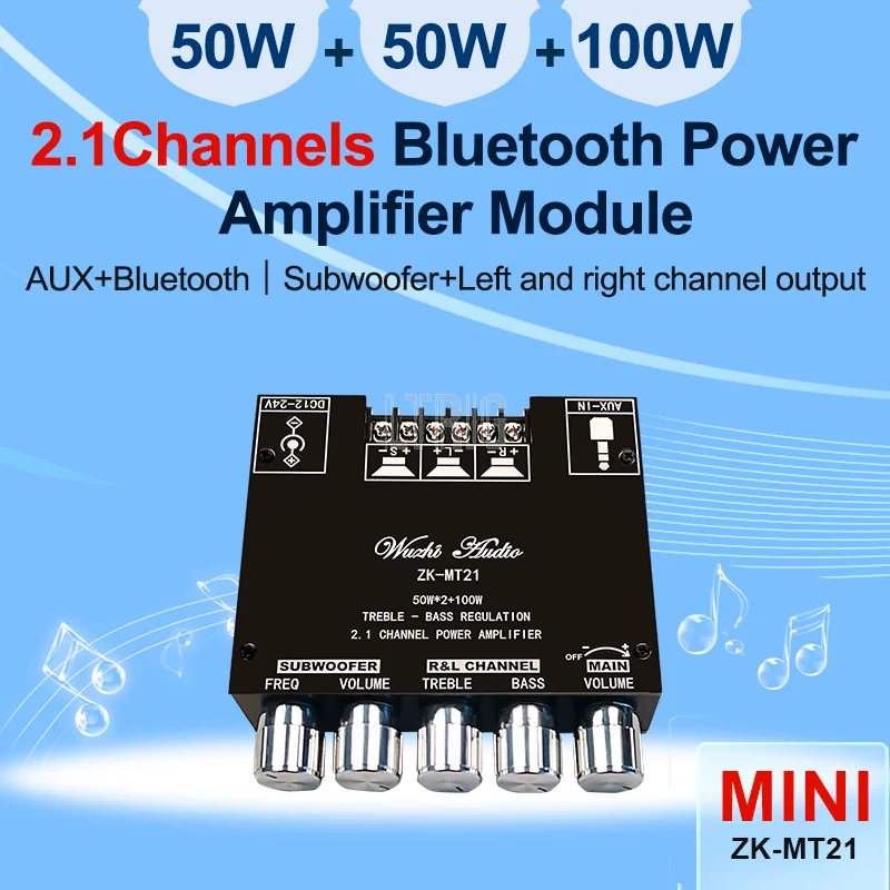 

LTRIG под заказ, 1 шт., ZK-MT21 Bluetooth 5,0, панель усилителя сабвуфера 50 Вт, 2 + 100 Вт, 2,1, Плата усилителя мощности звука
