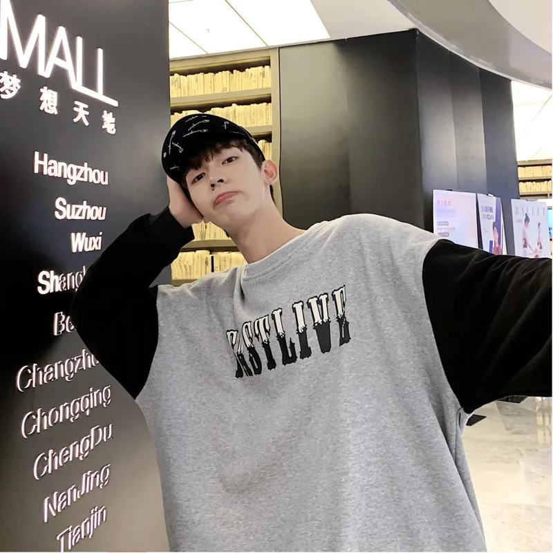 

2019 Autumn And Winter Men's New Casual Contrast Color Letter Printing Round Neck Loose Temperament Trend Cotton Hoodies