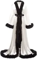 Women's Satin Robe Fur Nightgown Bathrobe Sleepwear Feather Bridal Robe with Belt - Image 3