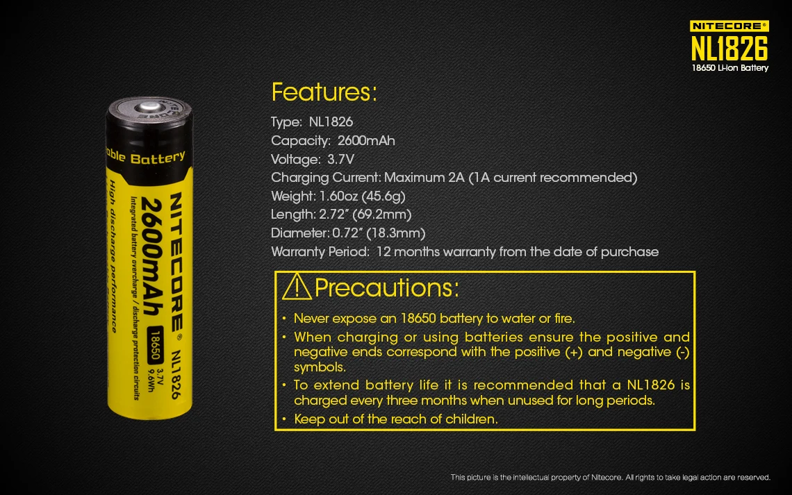 Nitecore NL1834 NL1832 NL1826 NL1823 rechargeable battery 18650 3.7V Li-ion Max 2A Protected Li-ion Button Top Battery blacklight flashlights