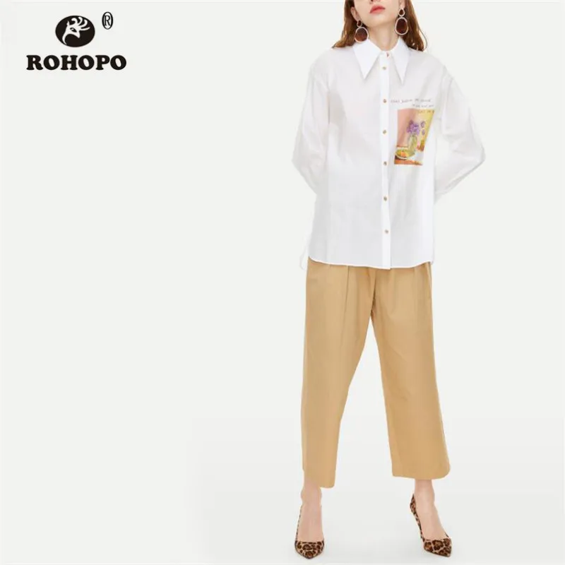 

ROHOPO High Low AutuMN Long Sleeve White Blouse Printed Art Vogue Ladies Soft Baggy Top Shirt #050