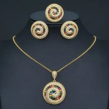 

ModemAngel luxury Round Delicate 3PCS NECKLACE EARRING RING Sets For Women Accessories Full Cubic Zirconia Earrings Jewelry