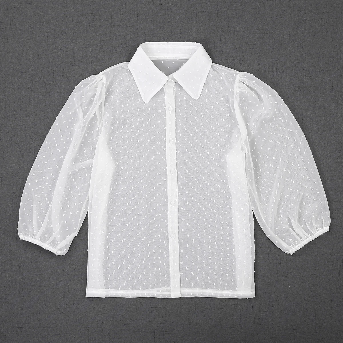 Женская прозрачная сетчатая рыбья блузка в сетку, модная блузка с коротким рукавом и воротником-стойкой, рубашки черного и белого цветов в горошек