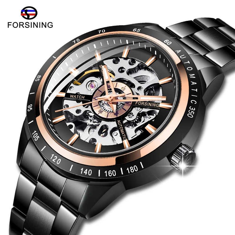 

Fashion FORSINING Men Mechanical Watches Black Skeleton Male Analog Stainless Steel Waterproof Luminous Wristwatch Drop Shipping